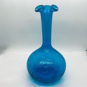 Blenko Art Glass Wayne Husted #37 Crackle Turquoise Decanter 9.5” ‘62 NO STOPPER